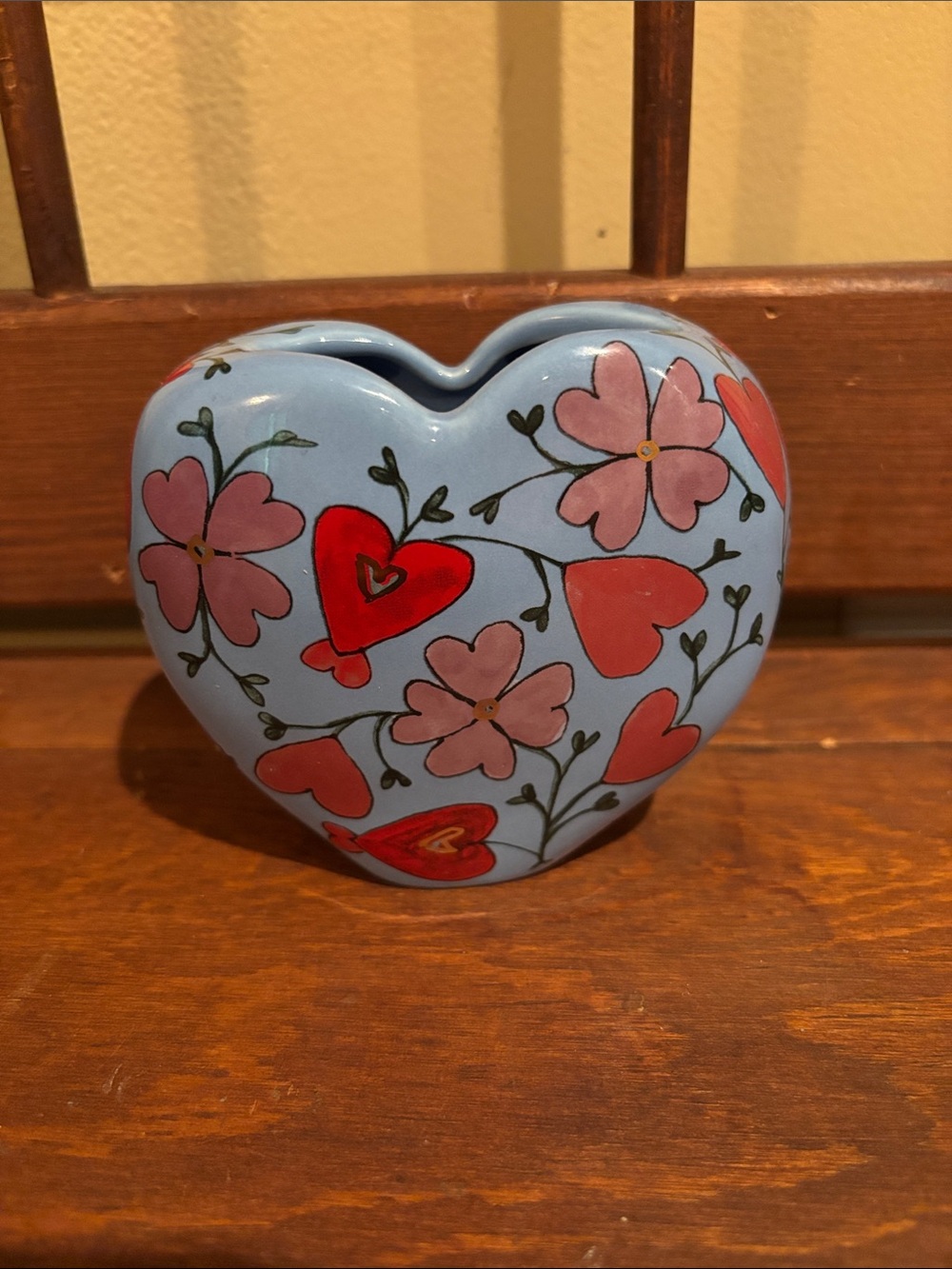 Anthropologie Blue Heart Vase with Red and Pink Floral Hearts